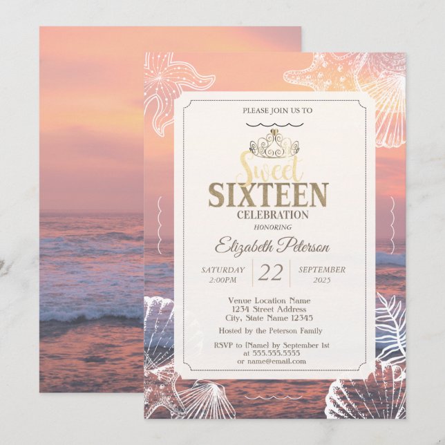 Gold Tiara Glitter Bokeh Ombre Sweet 16 Party Invi Invitation (Front/Back)