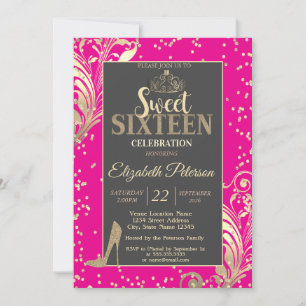 Gold Tiara Glitter Heels Diamonds Pink Sweet 16 Invitation