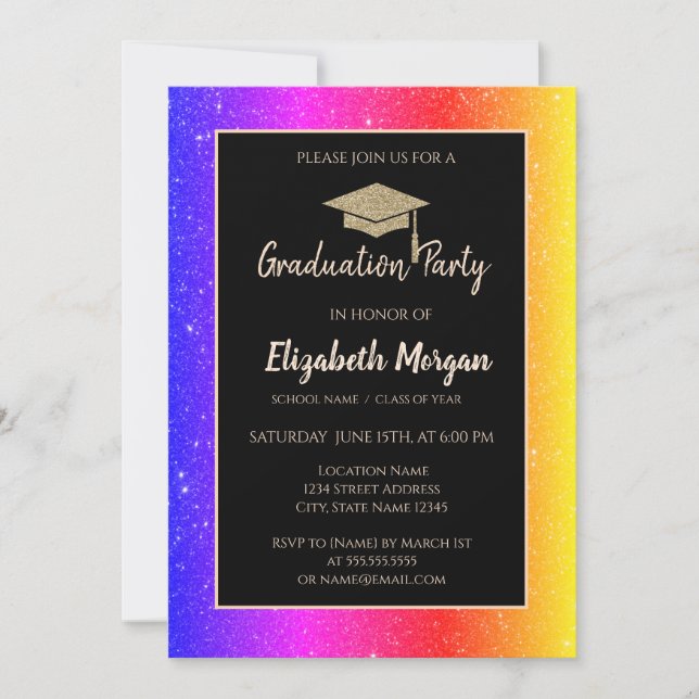  Gold Tiara Ombre Colourful Glitter Graduation Invitation (Front)