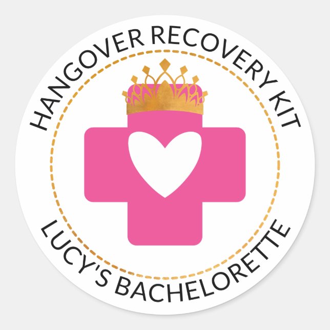 Gold Tiara Pink Bachelorette Hangover Recovery Kit Classic Round Sticker (Front)