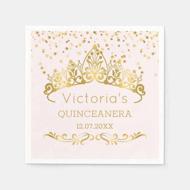 Gold tiara, polka dot confetti Quinceanera Napkin (Front)