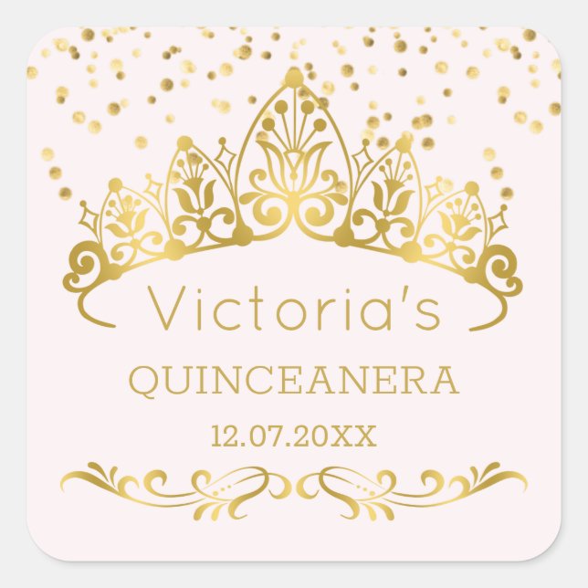 Gold tiara, polka dot confetti Quinceanera Square Sticker (Front)