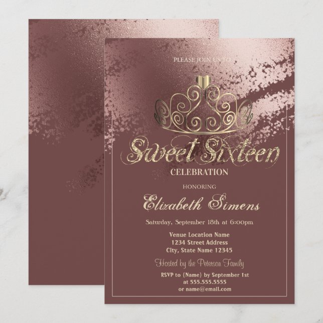 Gold Tiara Rose Gold Brush Stroke Sweet 16 Invitation (Front/Back)
