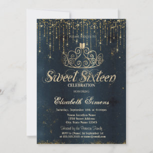 Gold Tiara String Lights Blue Princess Sweet 16 Invitation