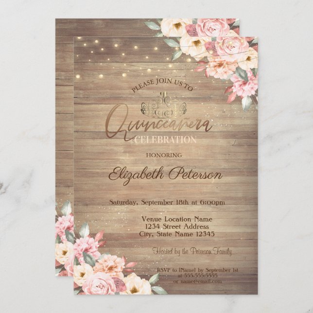 Gold Tiara,String Lights Floral Wood Quinceañera Invitation (Front/Back)