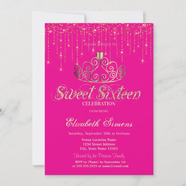 Gold Tiara String Lights Princess Pink Sweet 16 Invitation (Front)