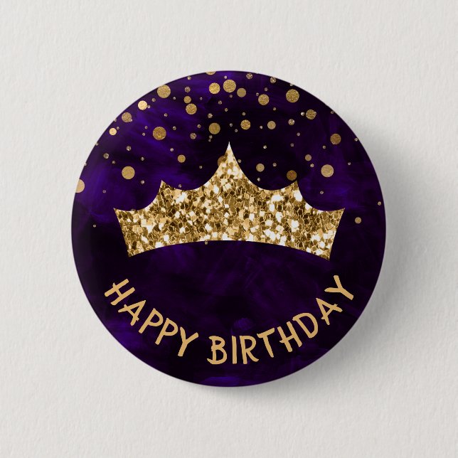 Gold Tiara with gold bokeh & Purple Birthday 2 Inch Round Button (Front)