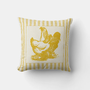Gold Ticking with Rooster and Chicken Throw Pillow