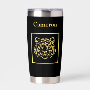 Gold Tiger Face on Black Insulated Tumbler