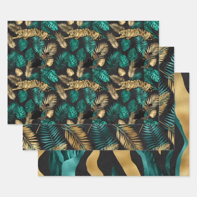 Gold Tiger Print with Tropical Leaves Pattern Wrapping Paper Sheet (Set)