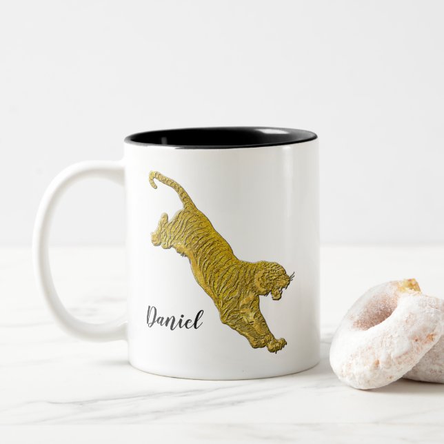 Gold Tiger Your Text Two-Tone Coffee Mug (With Donut)