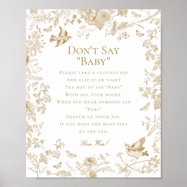 Gold Toile De Jouy Dont Say Baby Shower Game Poster (Front)