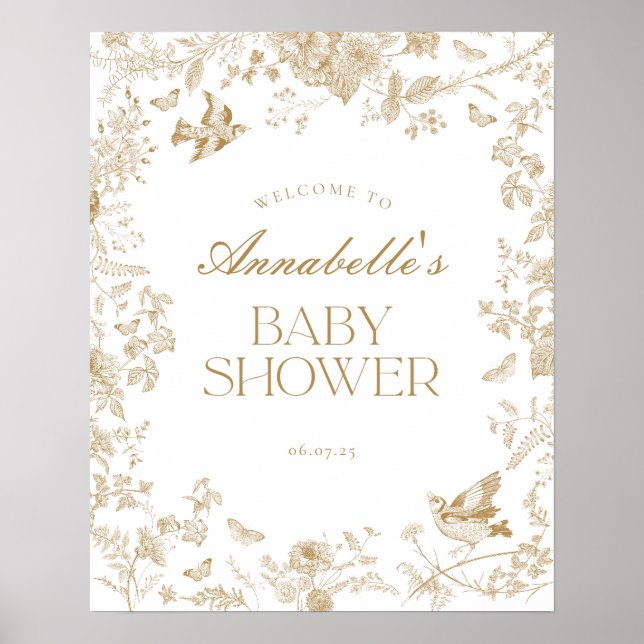 Gold Toile De Jouy Floral Baby Shower Welcome Sign (Front)