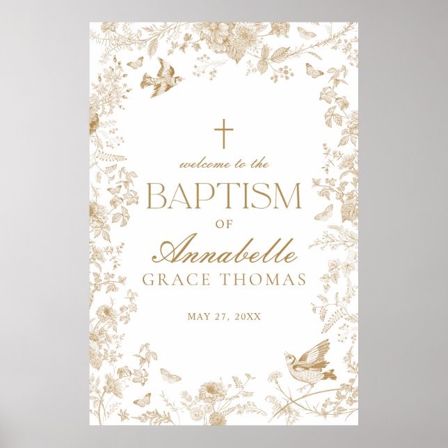 Gold Toile De Jouy Floral Baptism Welcome Sign (Front)