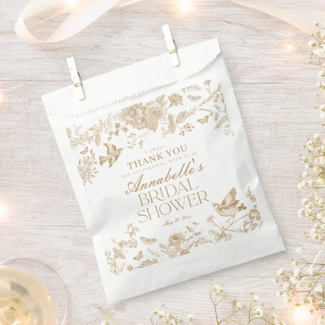 Gold Toile De Jouy Floral Bridal Shower Dessert Favour Bag (Clipped)