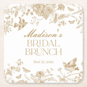 Gold Toile De Jouy Vintage Floral Bridal Brunch Square Paper Coaster