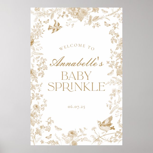 Gold Toile Jouy Floral Baby Sprinkle Welcome Sign (Front)