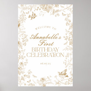 Gold Toile Jouy Floral Birthday Party Welcome Sign