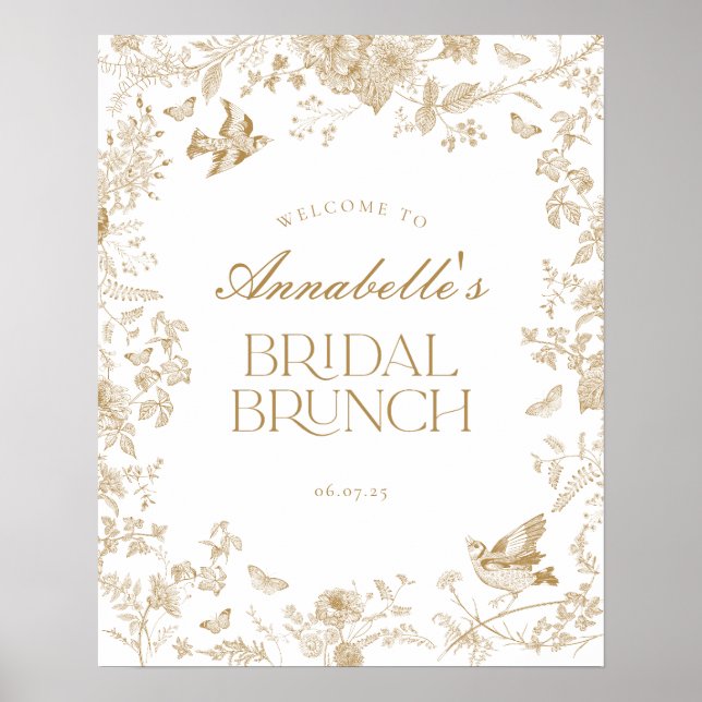 Gold Toile Jouy Floral Bridal Brunch Welcome Sign (Front)