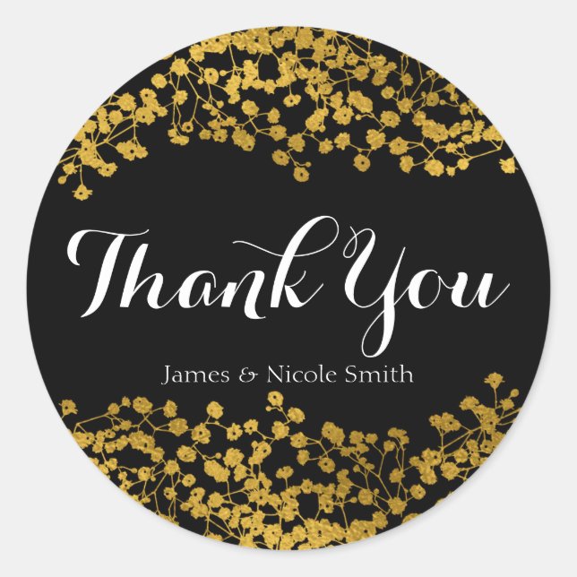 Gold Tone Baby's Breath Black Elegant Favour Classic Round Sticker (Front)