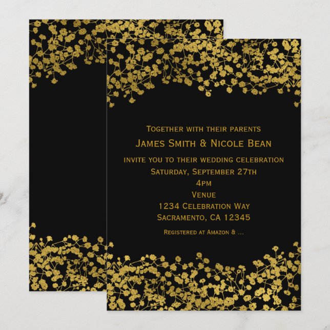 Gold Tone Baby's Breath Black Elegant Invitations (Front/Back)