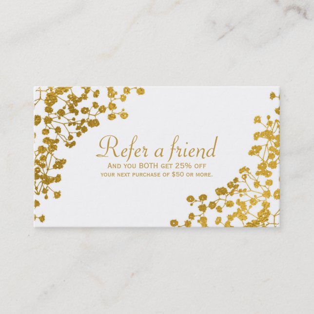 Gold Tone Baby's Breath White REFER A FRIEND Card (Front)