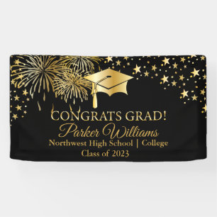 Gold Tone Fireworks Stars Congrats Grad Black Banner