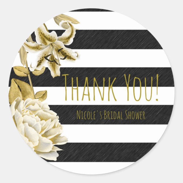Gold Tone Floral Black & White Striped Favour Classic Round Sticker (Front)