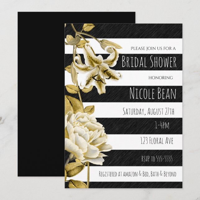 Gold Tone Floral Black & White Striped Invitation (Front/Back)