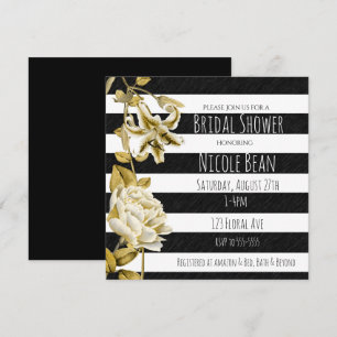 Gold Tone Floral Black & White Striped Invitation