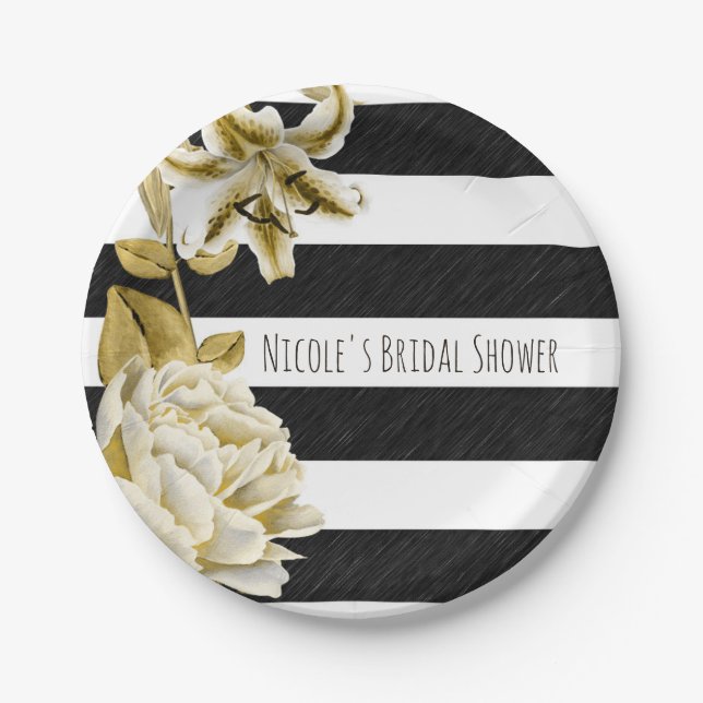 Gold Tone Floral Black & White Striped Paper Plate (Front)