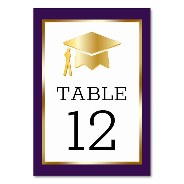 Gold Tone Grad Cap on Dk Purple Classy Graduation Table Number (Front)