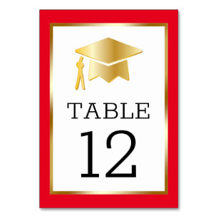 Gold Tone Grad Cap on Red Classy Graduation Table Table Number