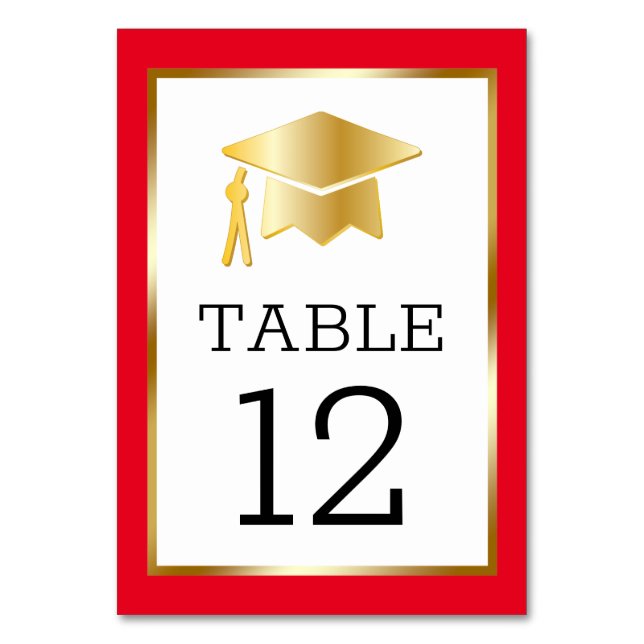 Gold Tone Grad Cap on Red Classy Graduation Table  Table Number (Front)
