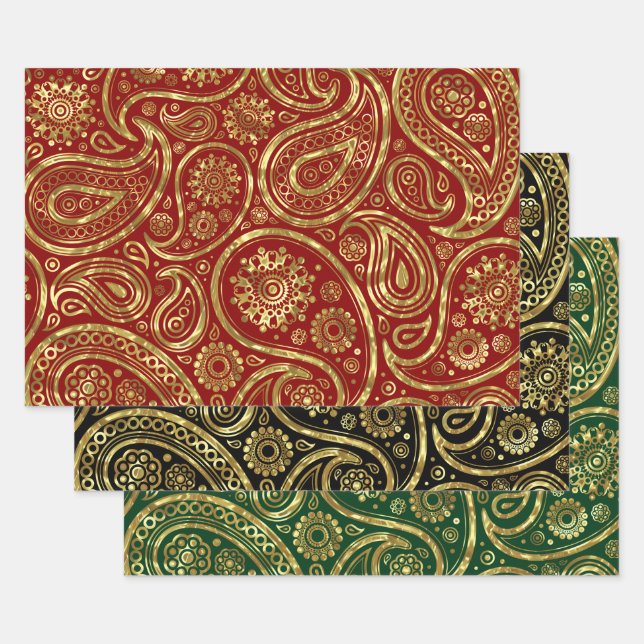 Gold tone paisley pattern wrapping paper sheet (Set)