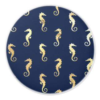 Gold Tone Seahorses over Navy Blue Ceramic Knob