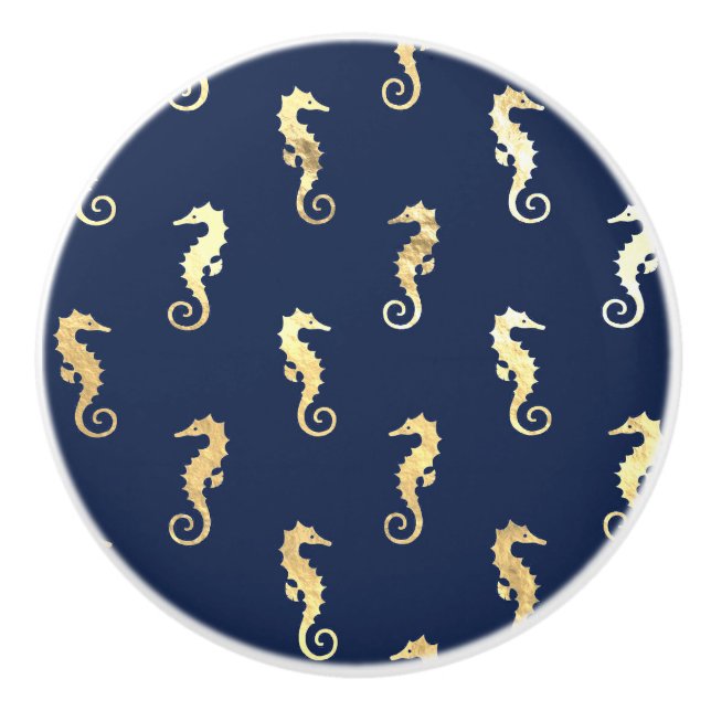Gold Tone Seahorses over Navy Blue Ceramic Knob (Front)