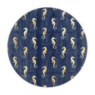 Gold Tone Seahorses over Navy Blue Cutting Board