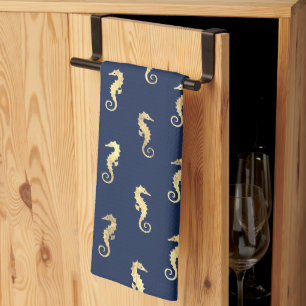 Gold Tone Seahorses over Navy Blue Kitchen Towel