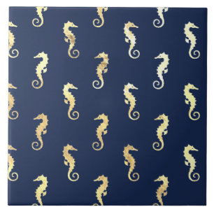 Gold Tone Seahorses over Navy Blue Tile