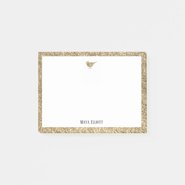 Gold-Toned Faux Glitter Bird & Border w/ White Post-it Notes (Front)