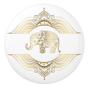 Gold Tones Cute Elephant & Lace Ceramic Knob