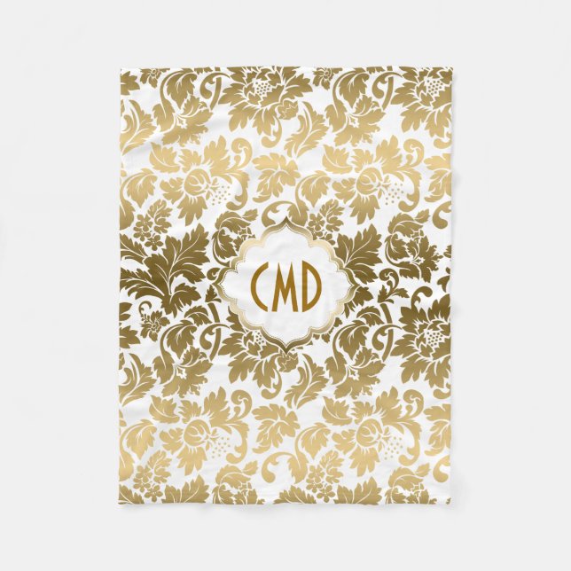 Gold Tones Floral Damasks Over White Background Fleece Blanket (Front)