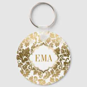 Gold Tones Floral Damasks Over White Background Keychain