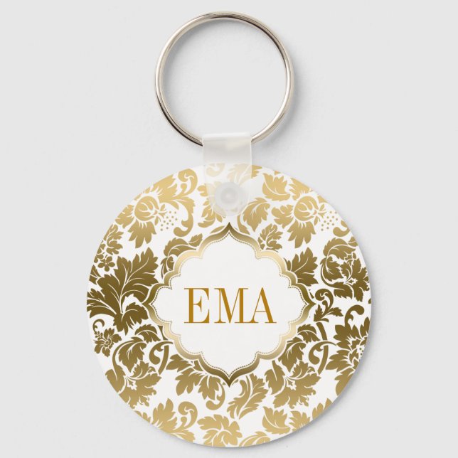 Gold Tones Floral Damasks Over White Background Keychain (Front)