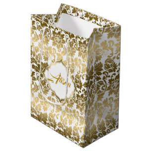 Gold Tones Floral Damasks Over White Background Medium Gift Bag