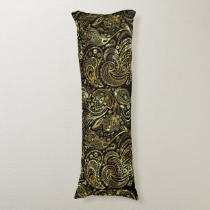 Gold Tones Floral Paisley Lace Black Background Body Pillow
