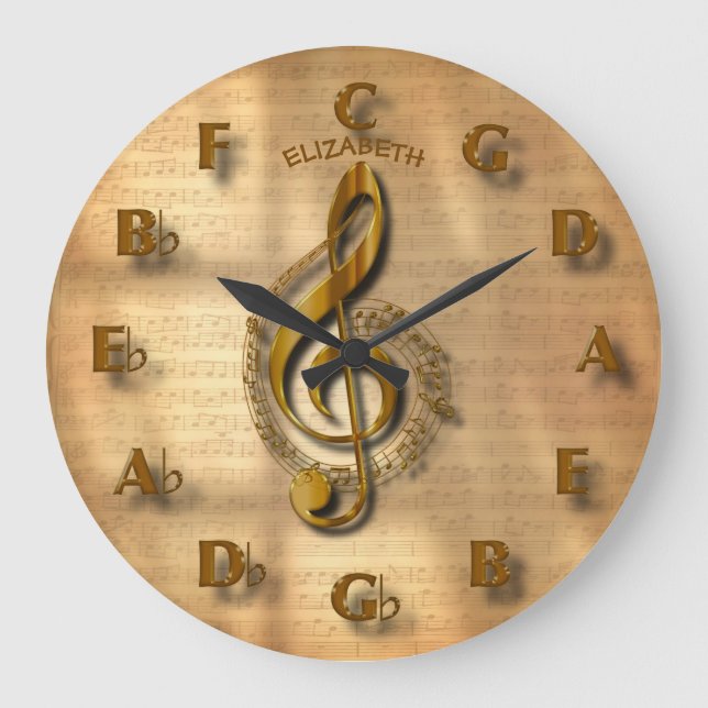 Gold Treble Clef Clock With Circle Of Fifths Music (Front)