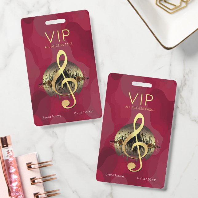 Gold Treble Clef VIP All Access Red Abstract Badge (Office)