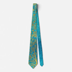 Gold tree and Leaves on Turquoise Blue  Tie
